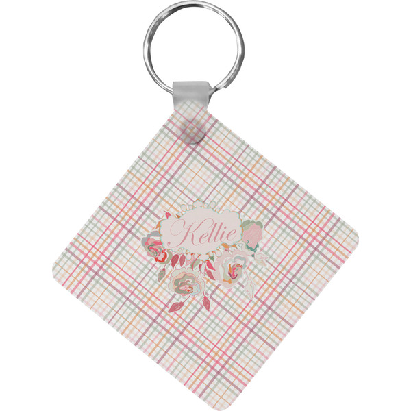 Custom Modern Plaid & Floral Diamond Plastic Keychain w/ Name or Text