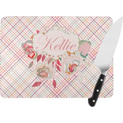 Modern Plaid & Floral Rectangular Glass Cutting Board - Large - 15.25"x11.25" w/ Name or Text