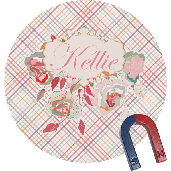 Custom Modern Plaid & Floral Round Fridge Magnet (Personalized)
