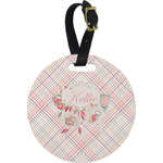 Modern Plaid & Floral Plastic Luggage Tag - Round (Personalized)