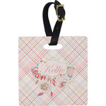 Modern Plaid & Floral Plastic Luggage Tag - Square w/ Name or Text