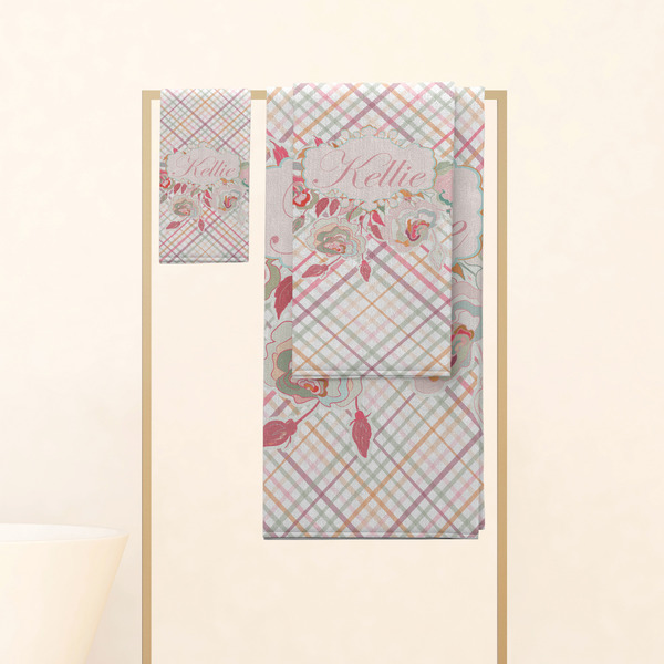 Modern Plaid & Floral Personalized Towel Set