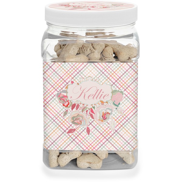 Custom Modern Plaid & Floral Dog Treat Jar (Personalized)