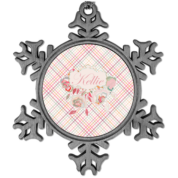 Custom Modern Plaid & Floral Vintage Snowflake Ornament (Personalized)
