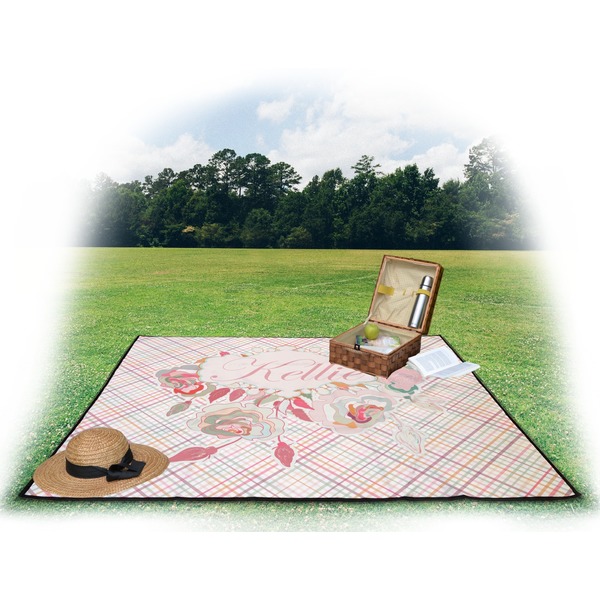Modern Plaid & Floral Picnic Blanket - with Basket Hat and Book - in Use