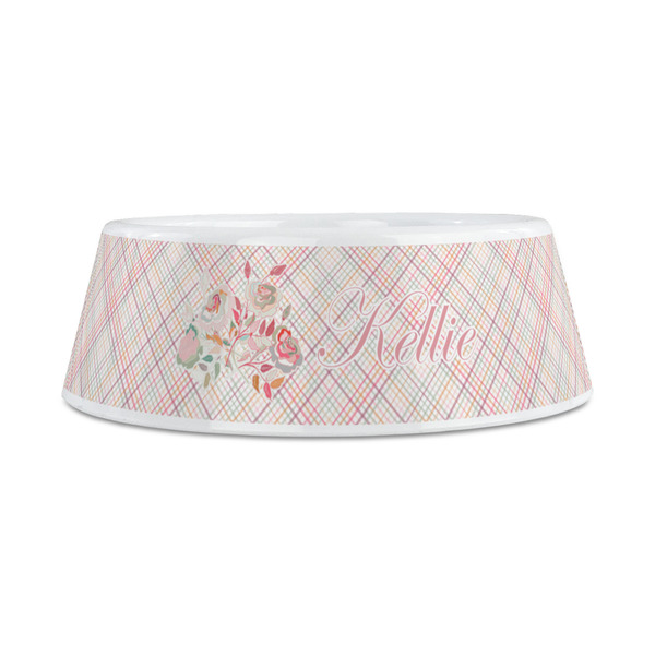 Modern Plaid & Floral Plastic Dog Bowls - Medium - FRONT