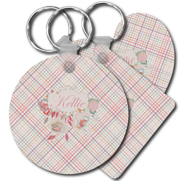 Custom Modern Plaid & Floral Plastic Keychain (Personalized)
