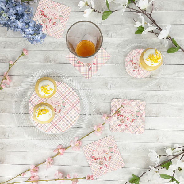 Modern Plaid & Floral Plastic Party Appetizer & Dessert Plates - In Context
