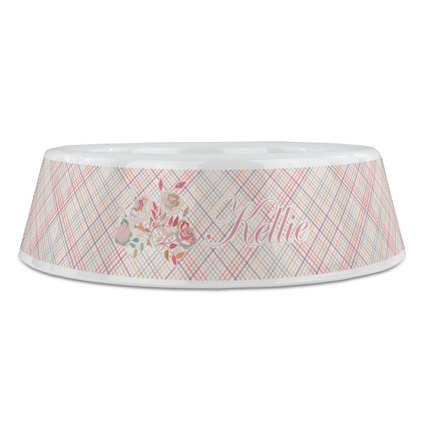 Modern Plaid & Floral Plastic Pet Bowls - Large - FRONT