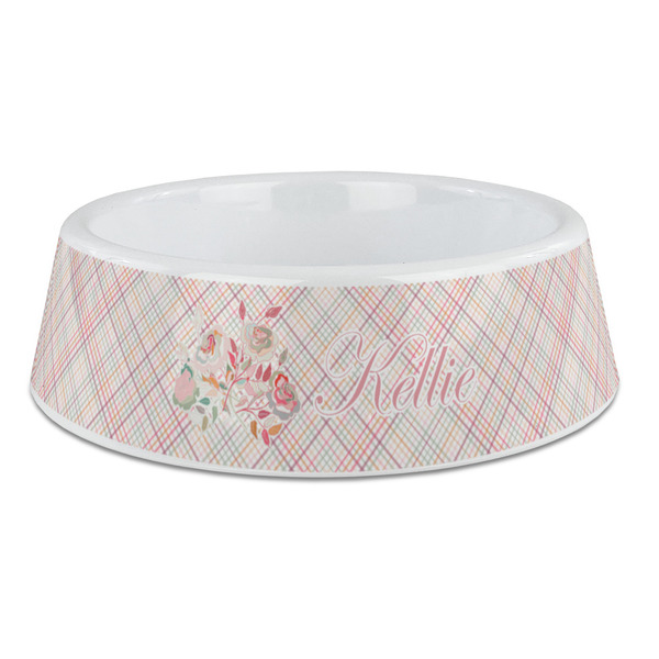 Custom Modern Plaid & Floral Plastic Dog Bowl - Large (Personalized)