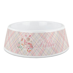 Modern Plaid & Floral Plastic Dog Bowl (Personalized)