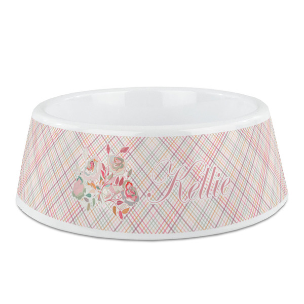Custom Modern Plaid & Floral Plastic Dog Bowl - Medium (Personalized)