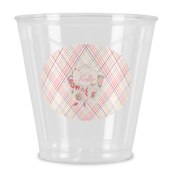 Custom Modern Plaid & Floral Plastic Shot Glass (Personalized)