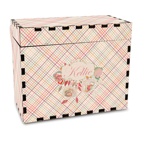 Custom Modern Plaid & Floral Wood Recipe Box - Full Color Print (Personalized)
