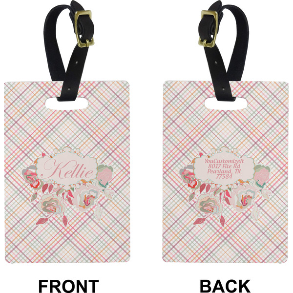 Modern Plaid & Floral Rectangle Luggage Tag (Front + Back)