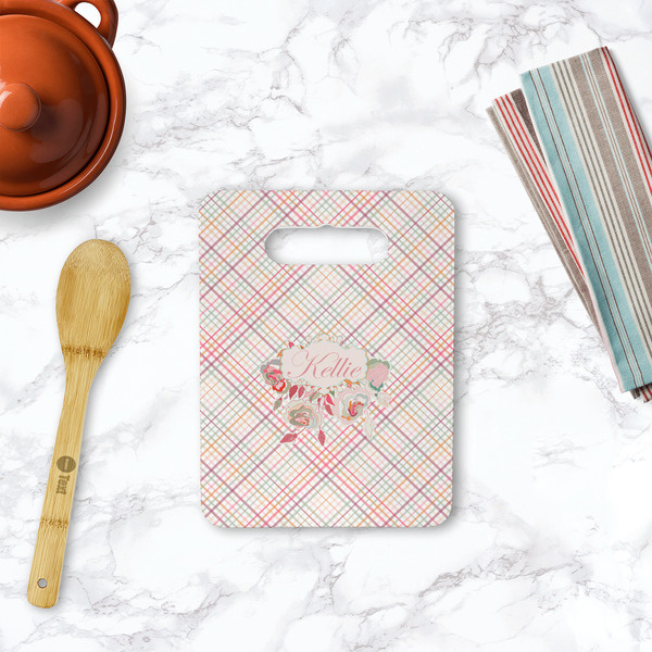 Modern Plaid & Floral Rectangle Trivet with Handle - LIFESTYLE