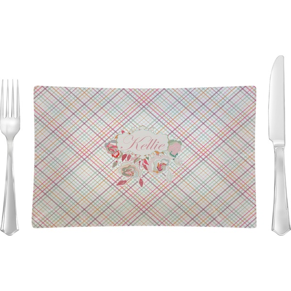 Custom Modern Plaid & Floral Rectangular Glass Lunch / Dinner Plate - Single or Set (Personalized)