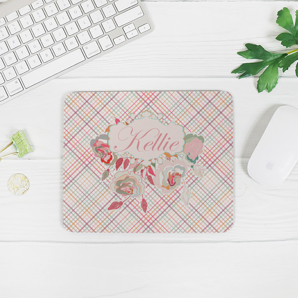 Modern Plaid & Floral Rectangular Mouse Pad - LIFESTYLE 2