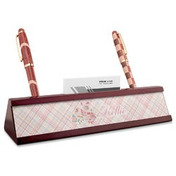 Modern Plaid & Floral Red Mahogany Nameplate with Business Card Holder (Personalized)
