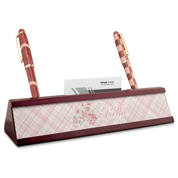 Custom Modern Plaid & Floral Red Mahogany Nameplate with Business Card Holder (Personalized)