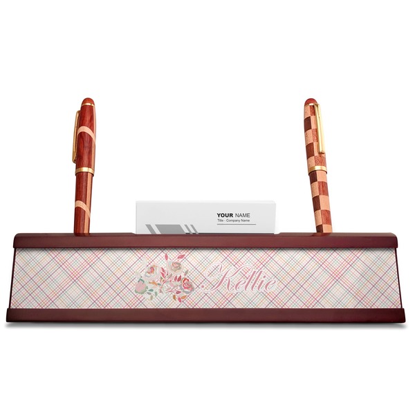 Modern Plaid & Floral Red Mahogany Nameplates with Business Card Holder - Straight