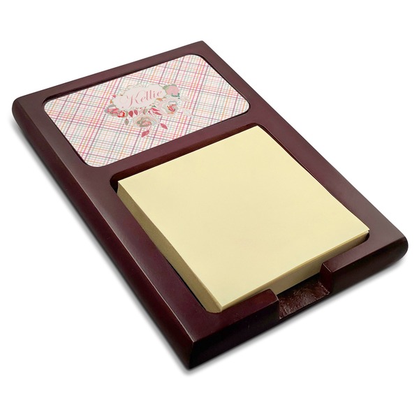 Custom Modern Plaid & Floral Red Mahogany Sticky Note Holder (Personalized)