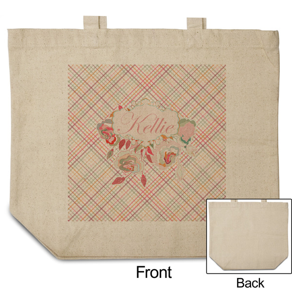 Modern Plaid & Floral Reusable Cotton Grocery Bag - Front & Back View