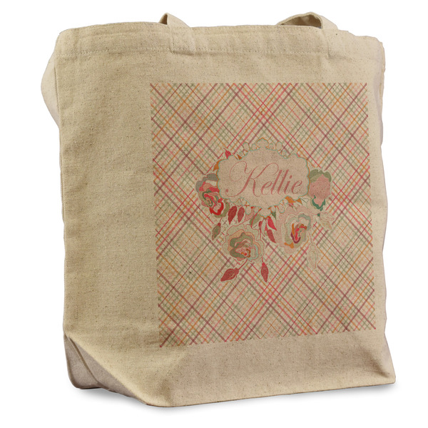 Custom Modern Plaid & Floral Reusable Cotton Grocery Bag (Personalized)
