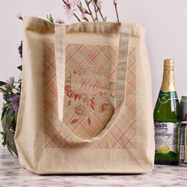 Modern Plaid & Floral Reusable Cotton Grocery Bag - In Context