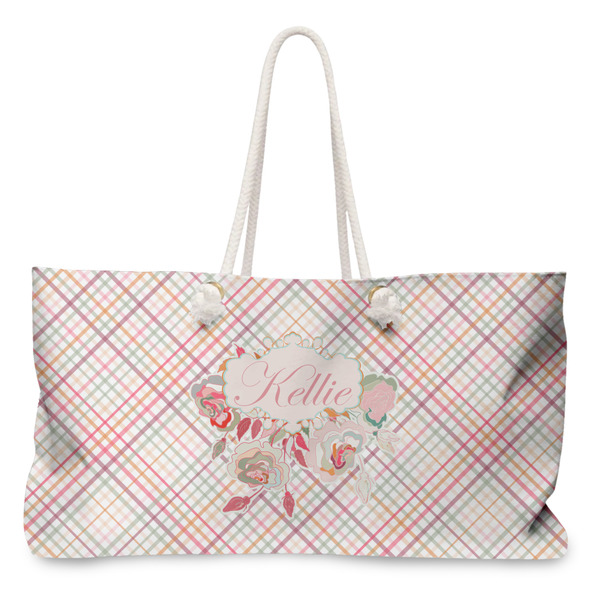Custom Modern Plaid & Floral Large Tote Bag with Rope Handles (Personalized)