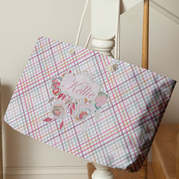 Modern Plaid & Floral Large Rope Tote - Life Style