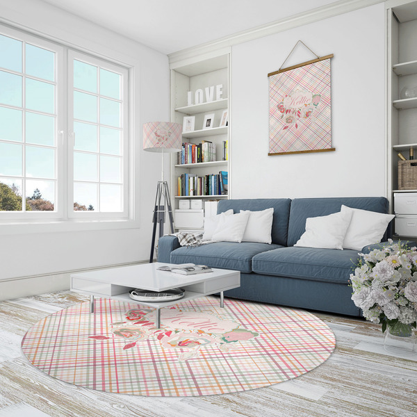 Modern Plaid & Floral Round Area Rug - IN CONTEXT