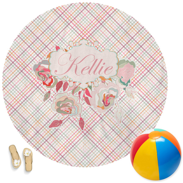 Custom Modern Plaid & Floral Round Beach Towel (Personalized)