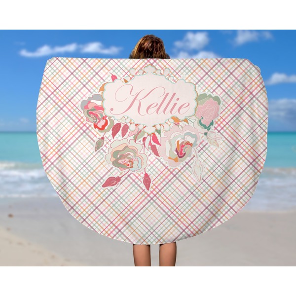 Modern Plaid & Floral Round Beach Towel - In Use