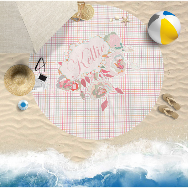 Modern Plaid & Floral Round Beach Towel Lifestyle