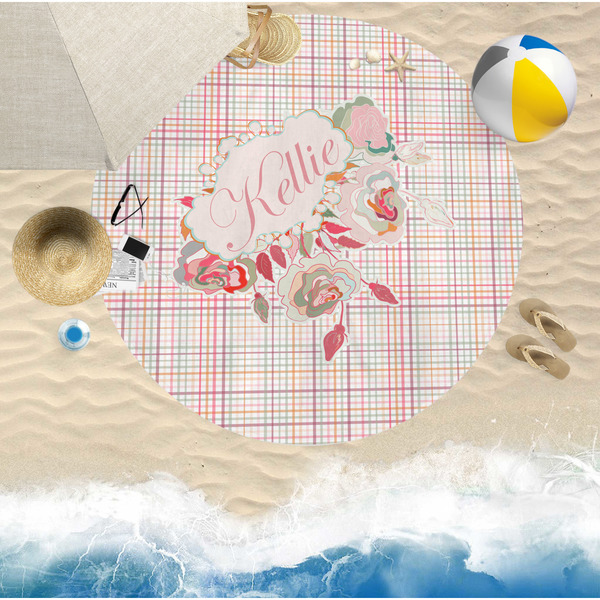 Modern Plaid & Floral Round Beach Towel Lifestyle