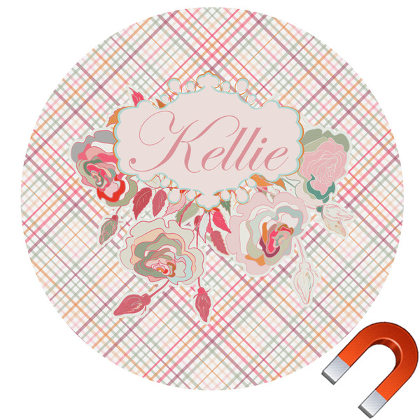 Custom Modern Plaid & Floral Round Car Magnet - 10" (Personalized)