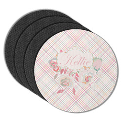 Modern Plaid & Floral Round Rubber Backed Coasters - Set of 4 (Personalized)