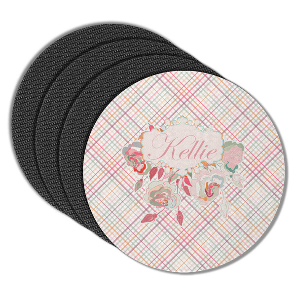 Modern Plaid & Floral Round Coaster Rubber Back - Main