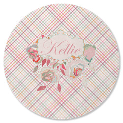 Modern Plaid & Floral Round Rubber Backed Coaster (Personalized)