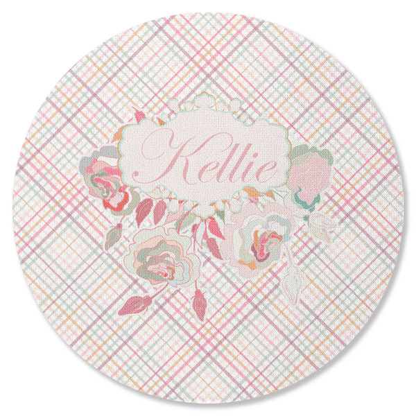 Custom Modern Plaid & Floral Round Rubber Backed Coaster (Personalized)