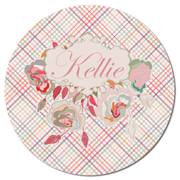 Modern Plaid & Floral Round Fridge Magnet - FRONT