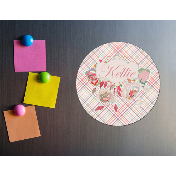 Modern Plaid & Floral Round Fridge Magnet - LIFESTYLE