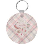 Modern Plaid & Floral Round Plastic Keychain (Personalized)