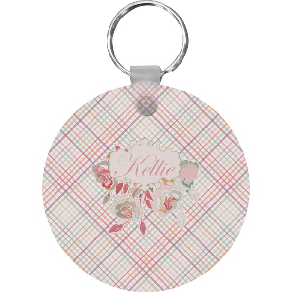 Custom Modern Plaid & Floral Round Plastic Keychain (Personalized)