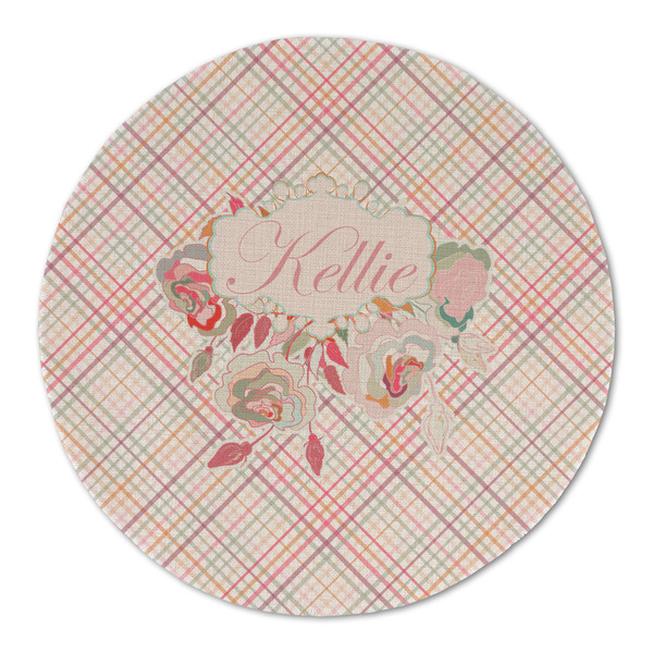 Modern Plaid & Floral Round Linen Placemats - FRONT (Double Sided)