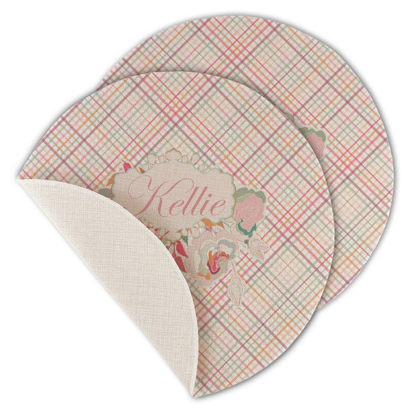 Modern Plaid & Floral Round Linen Placemats - MAIN (Single Sided)