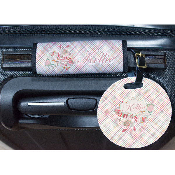 Modern Plaid & Floral Round Luggage Tag & Handle Wrap - In Context
