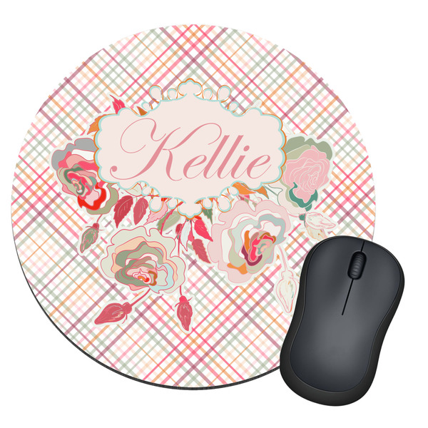 Custom Modern Plaid & Floral Round Mouse Pad (Personalized)