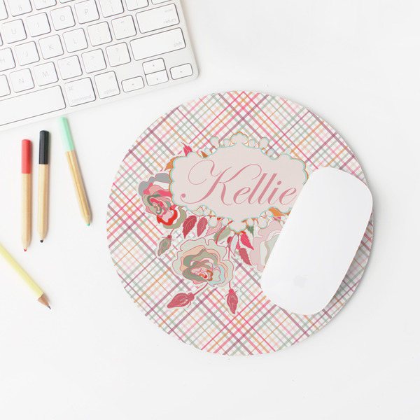 Modern Plaid & Floral Round Mousepad - LIFESTYLE 2